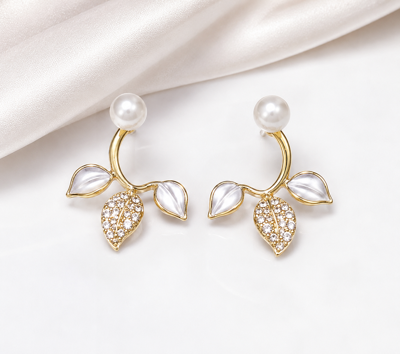 TITLIYA Korean Style Anti-Tarnish Pearl Leaf Stud Earrings for Women | Gold-Tone Pearl & Crystal Stud Earrings