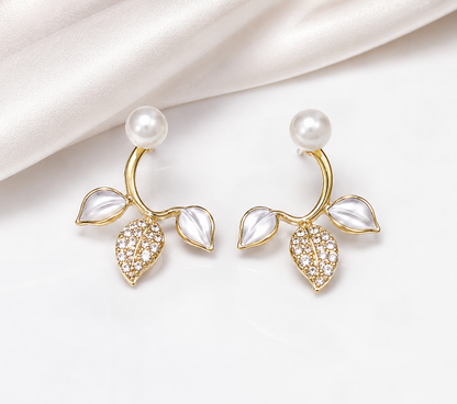 TITLIYA Korean Style Anti-Tarnish Pearl Leaf Stud Earrings for Women | Gold-Tone Pearl & Crystal Stud Earrings
