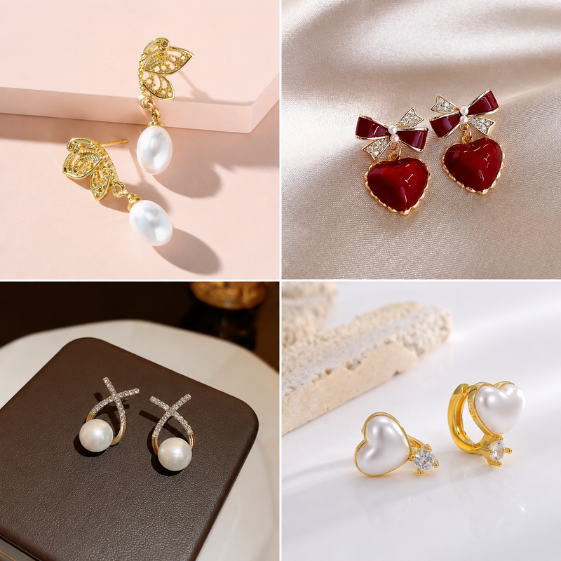 TITLIYA Korean Earrings Combo Set of 4 – Anti-Tarnish Pearl, Heart & Crystal Earrings
