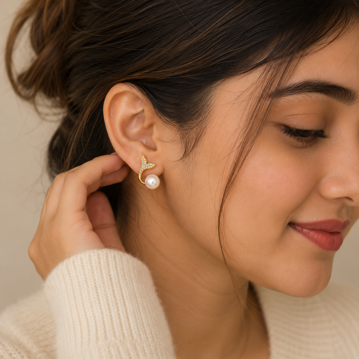 TITLIYA Korean Mermaid Pearl Anti-Tarnish Gold Stud Earrings