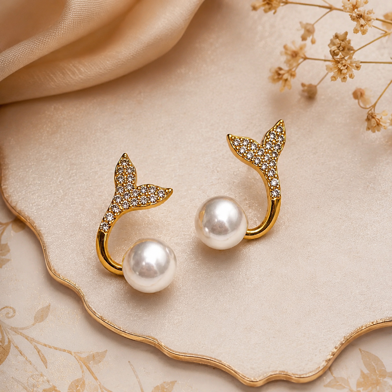 TITLIYA Korean Mermaid Pearl Anti-Tarnish Gold Stud Earrings