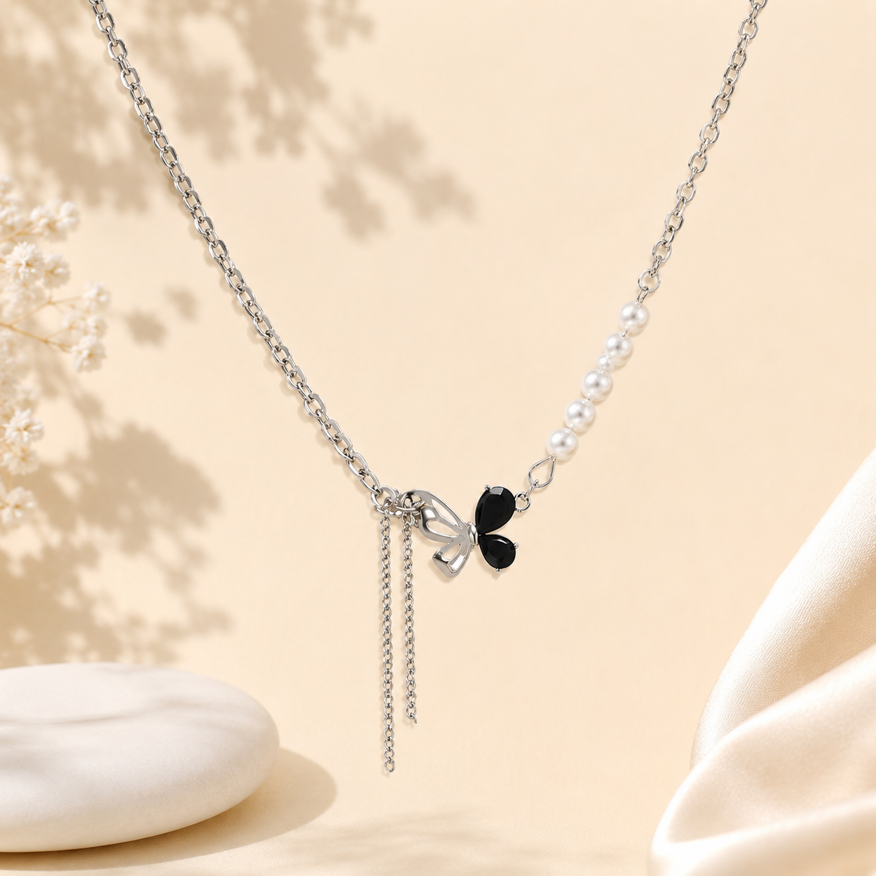 TITLIYA Korean Style Silver Pearl & Black Butterfly Pendant Necklace for Women
