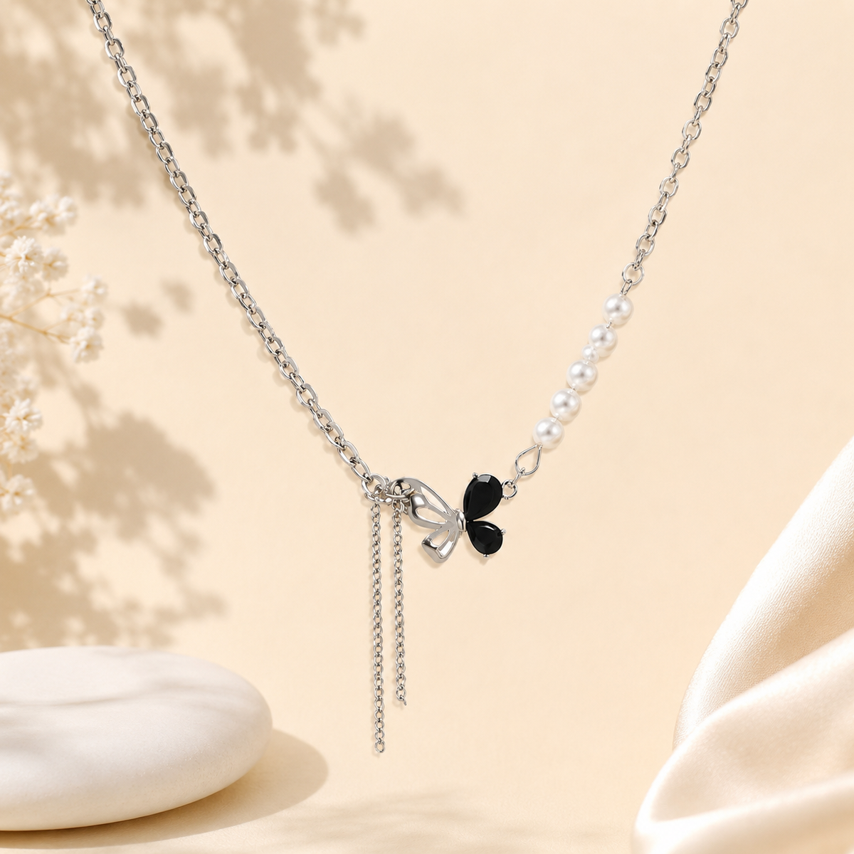 TITLIYA Korean Style Silver Pearl & Black Butterfly Pendant Necklace for Women