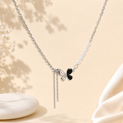 TITLIYA Korean Style Silver Pearl & Black Butterfly Pendant Necklace for Women