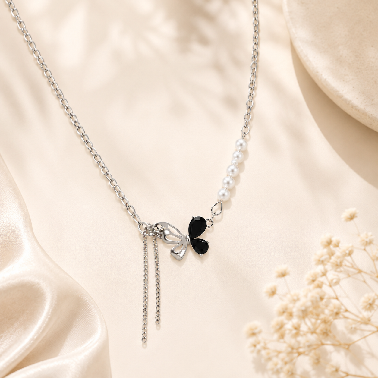 TITLIYA Korean Style Silver Pearl & Black Butterfly Pendant Necklace for Women
