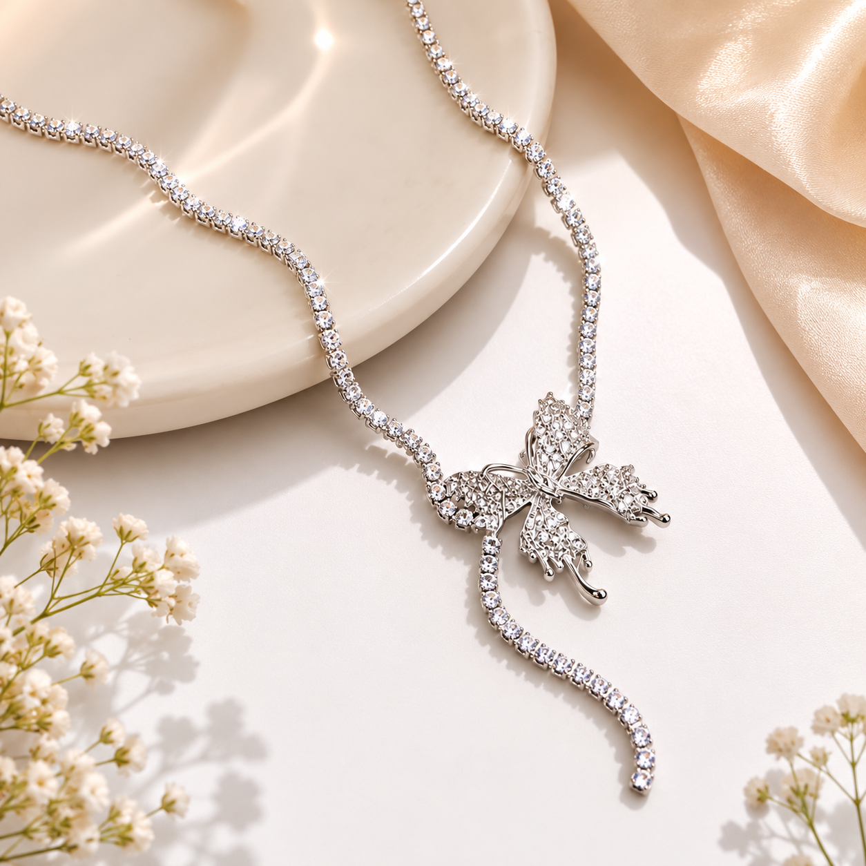 TITLIYA Korean Style Silver Crystal Butterfly Pendant Necklace for Women