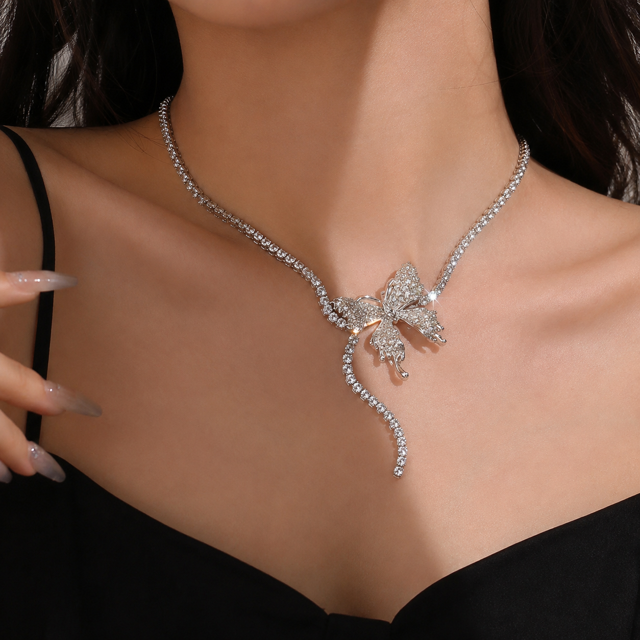TITLIYA Korean Style Silver Crystal Butterfly Pendant Necklace for Women