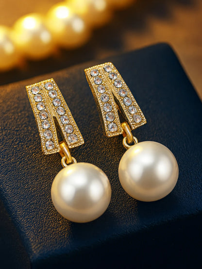 TITLIYA Korean Style Pearl & Crystal Gold Drop Earrings for Women | Elegant Rhinestone Statement Earrings