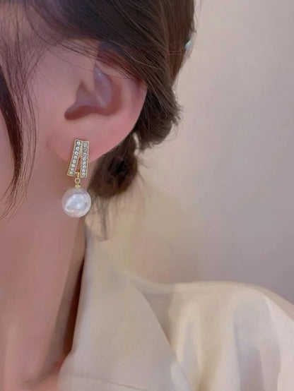TITLIYA Korean Style Pearl & Crystal Gold Drop Earrings for Women | Elegant Rhinestone Statement Earrings