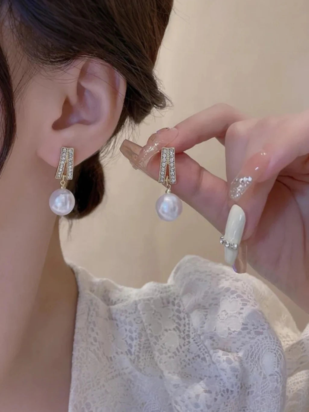 TITLIYA Korean Style Pearl & Crystal Gold Drop Earrings for Women | Elegant Rhinestone Statement Earrings