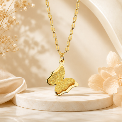 TITLIYA Korean Style Gold Butterfly Pendant Necklace for Women | Sparkling Butterfly Charm Necklace with Oval Link Chain | Anti-Tarnish Fashion Jewellery
