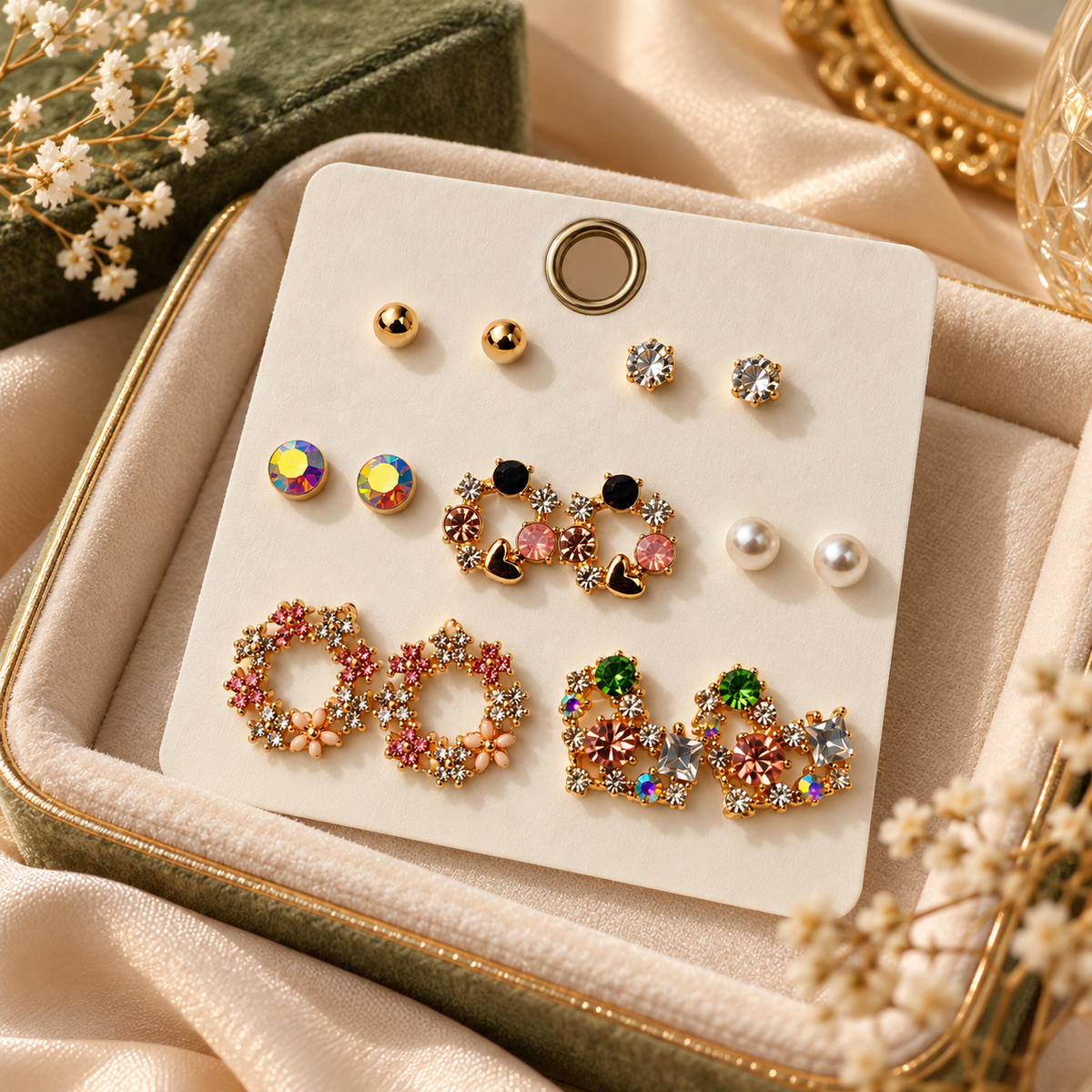 TITLIYA Korean Style Gold-Tone Multicolour Crystal Stud Earrings Set of 7 Pairs for Women