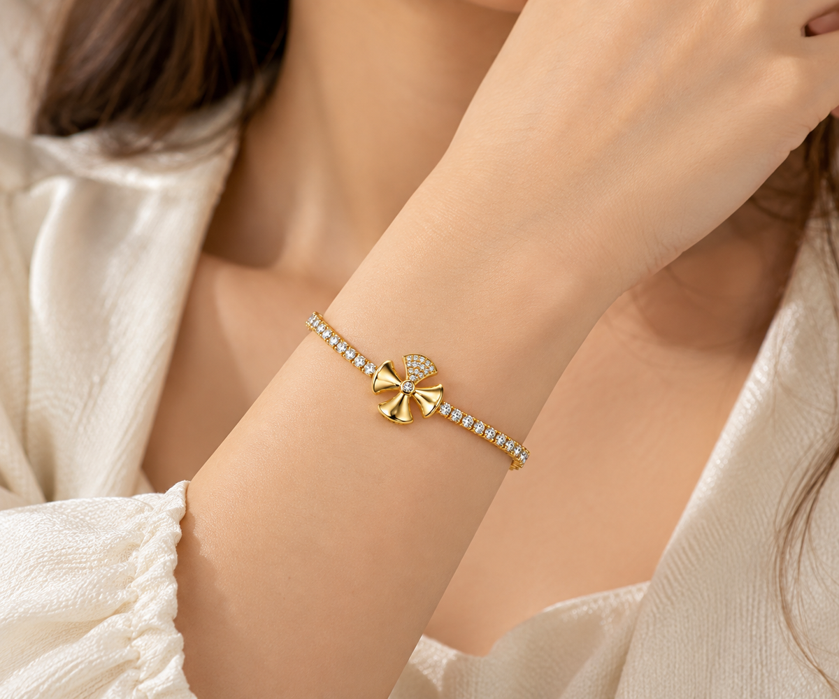 TITLIYA Korean Style Gold Tennis Bow Bracelet for Women