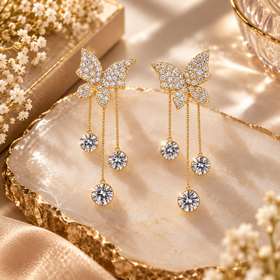 TITLIYA Korean Style Gold Butterfly Crystal Drop Earrings