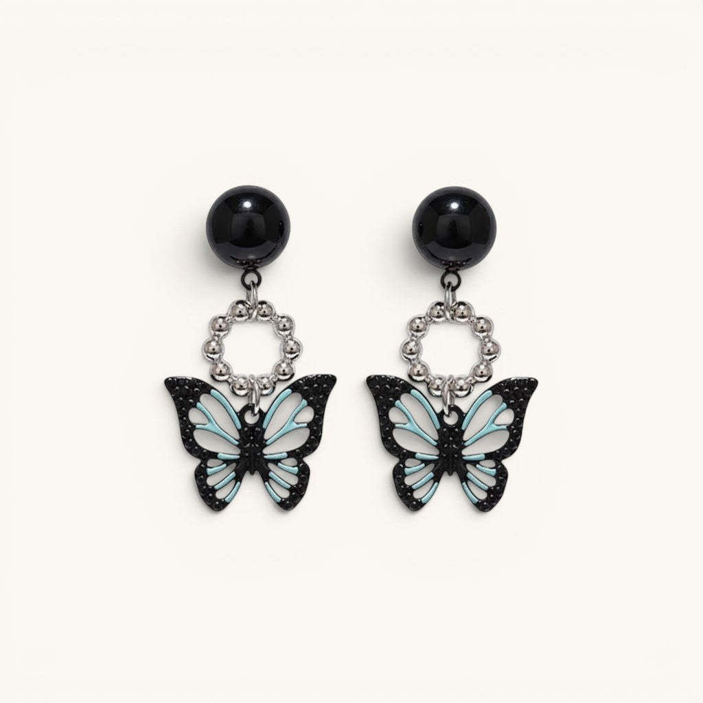 TITLIYA Korean style acrylic butterfly earrings in black and light blue with silver beaded circular accents.