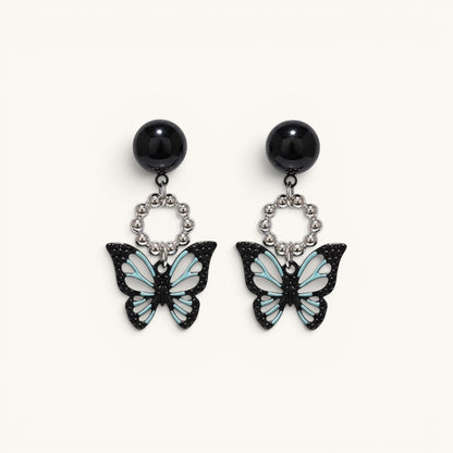 TITLIYA Korean style acrylic butterfly earrings in black and light blue with silver beaded circular accents.