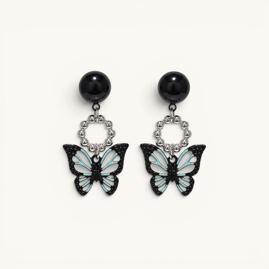 TITLIYA Korean style acrylic butterfly earrings in black and light blue with silver beaded circular accents.