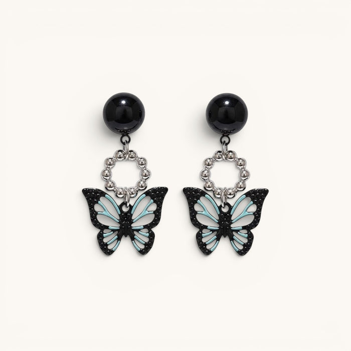 TITLIYA Korean style acrylic butterfly earrings in black and light blue with silver beaded circular accents.
