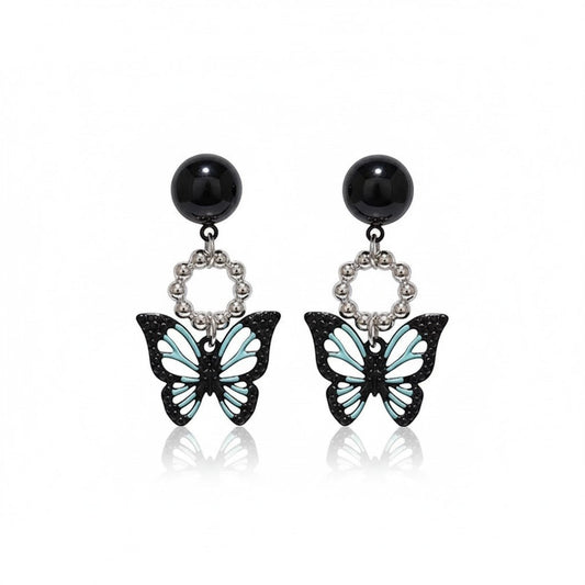 TITLIYA Korean style acrylic butterfly earrings in black and light blue with silver beaded circular accents.