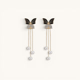TITLIYA black butterfly earrings with crystal accents and dangling pearl tassels in a premium Korean style design.