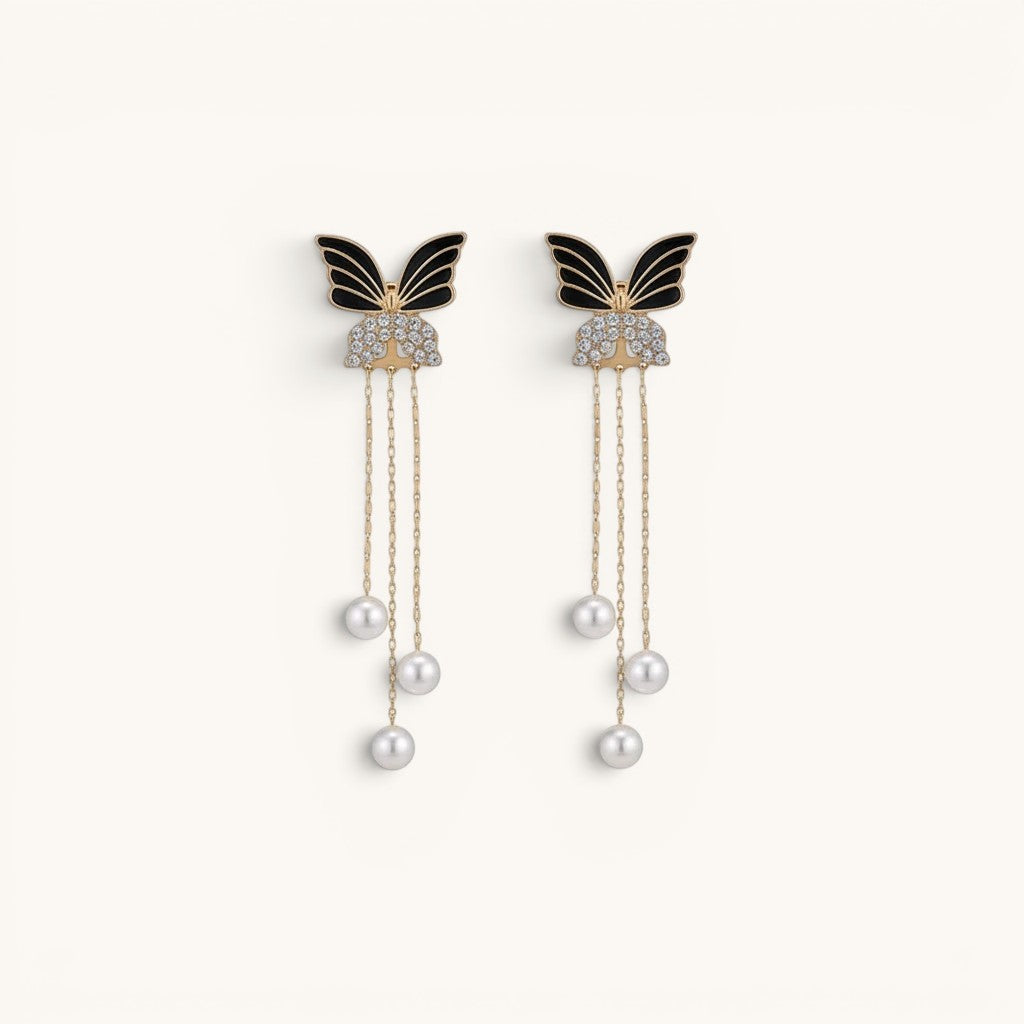 TITLIYA black butterfly earrings with crystal accents and dangling pearl tassels in a premium Korean style design.