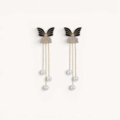 TITLIYA black butterfly earrings with crystal accents and dangling pearl tassels in a premium Korean style design.