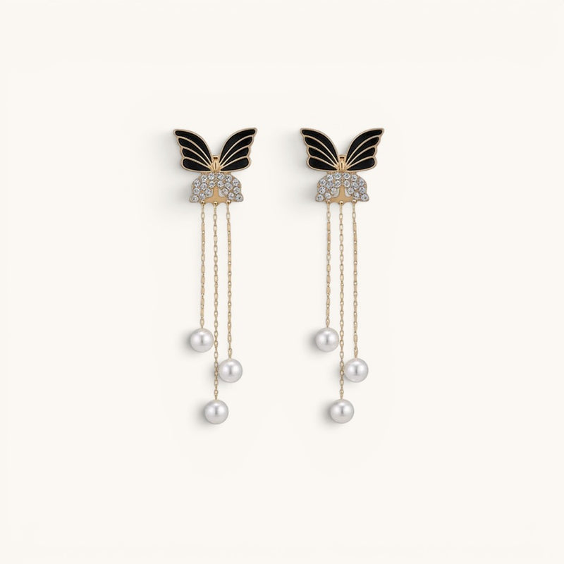 Black Butterfly Pearl Tassel Earrings Korean Style Premium