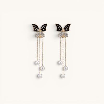 Black Butterfly Pearl Tassel Earrings Korean Style Premium