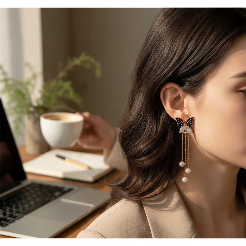 TITLIYA black butterfly earrings with pearl tassels and crystal accents worn by a woman in a professional setting.