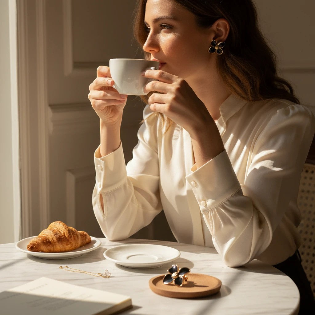 Woman wearing TITLIYA small black flower earrings while drinking coffee in a sunlit cafe setting.