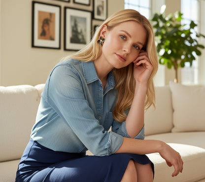 Blonde woman wearing small black flower earrings by TITLIYA, styled with a denim shirt for an elegant everyday look.