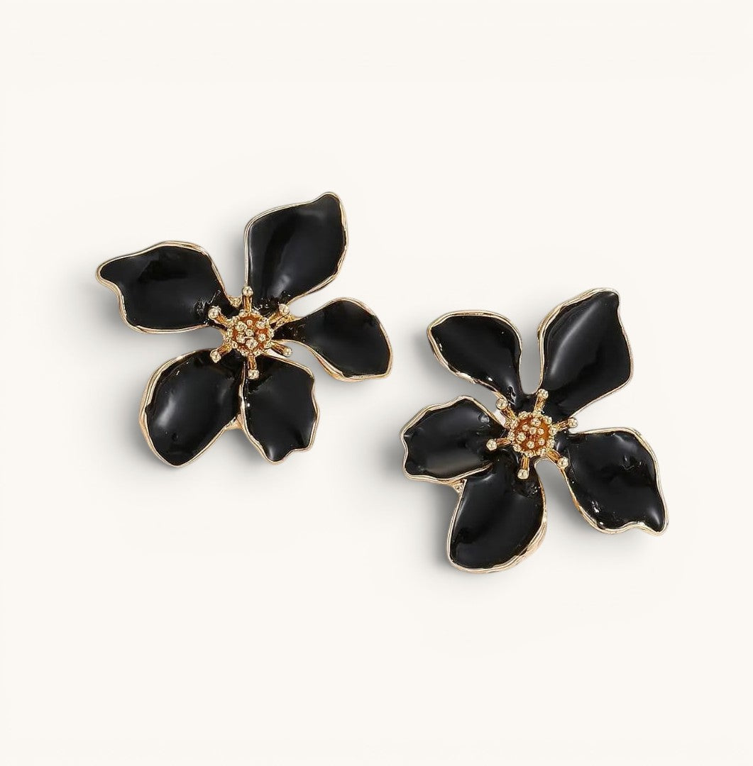 TITLIYA large black flower earrings with gold-tone centers, elegant floral design for daily wear or special occasions.