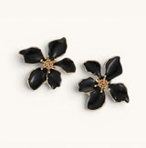 TITLIYA large black flower earrings with gold-tone centers, elegant floral design for daily wear or special occasions.