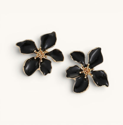TITLIYA large black flower earrings with gold-tone centers, elegant floral design for daily wear or special occasions.