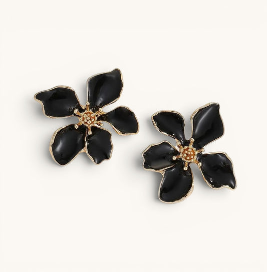 TITLIYA large black flower earrings with gold-tone centers, elegant floral design for daily wear or special occasions.
