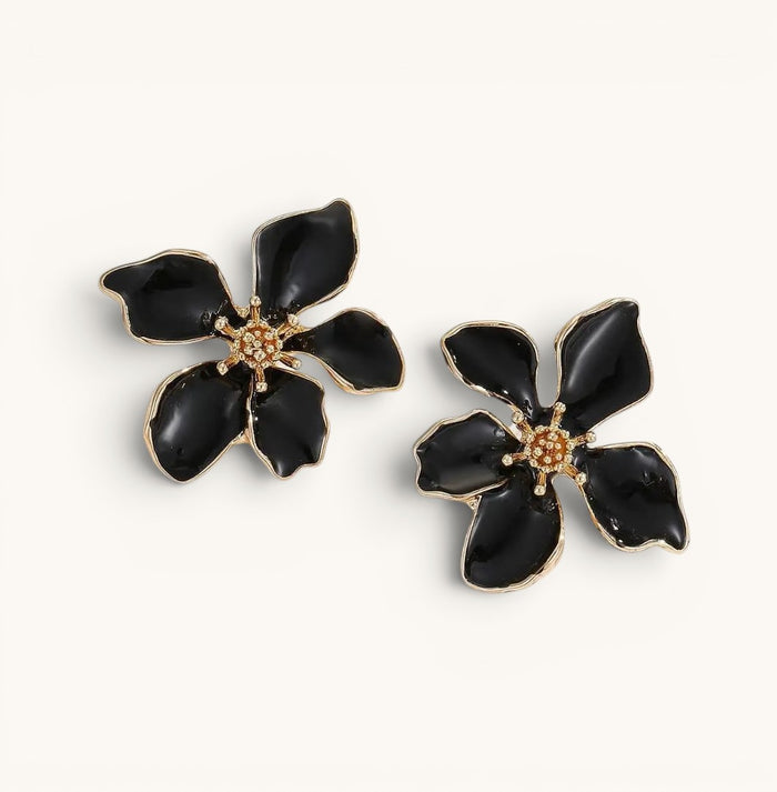 TITLIYA large black flower earrings with gold-tone centers, elegant floral design for daily wear or special occasions.