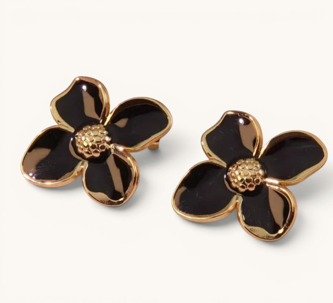 TITLIYA small black flower stud earrings with gold-tone trim and textured center, perfect for daily wear.