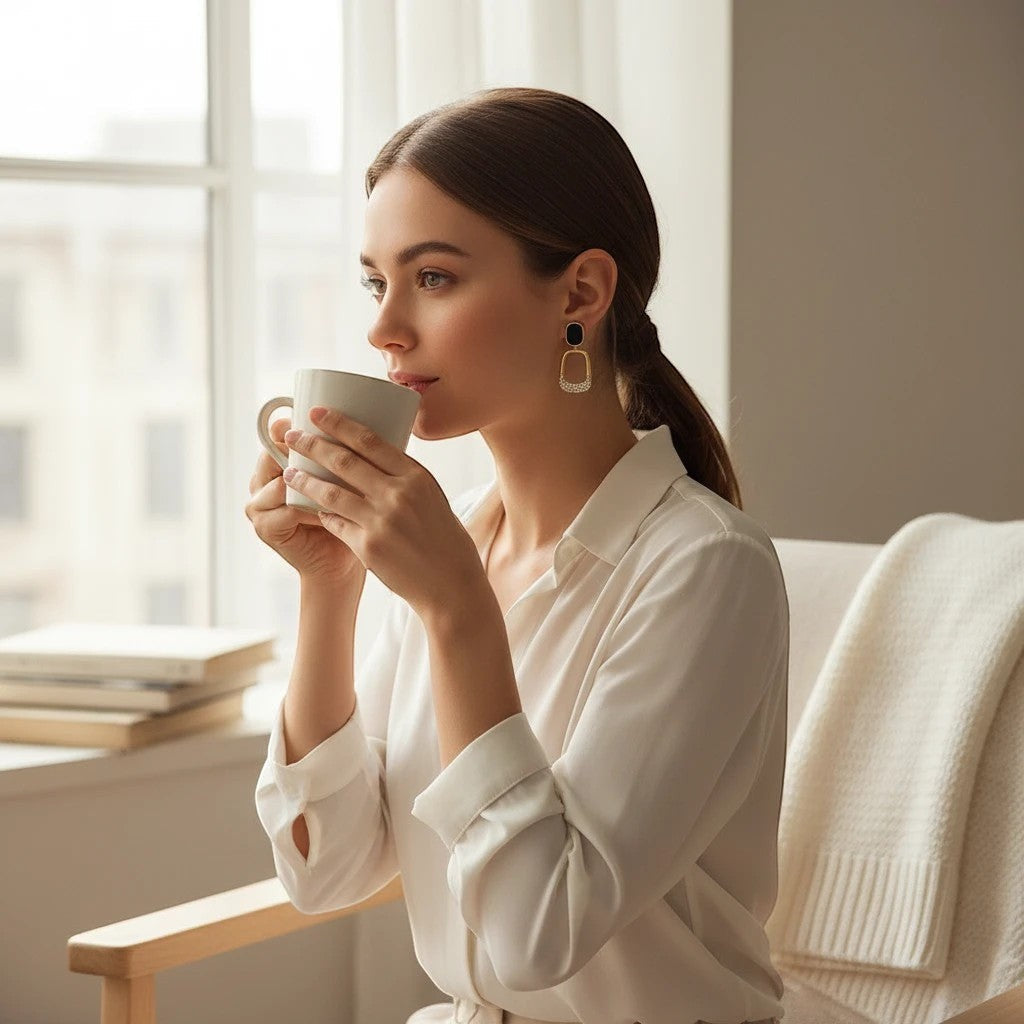 Woman wearing TITLIYA black and gold Korean drop earrings while drinking coffee in a bright, cozy room.
