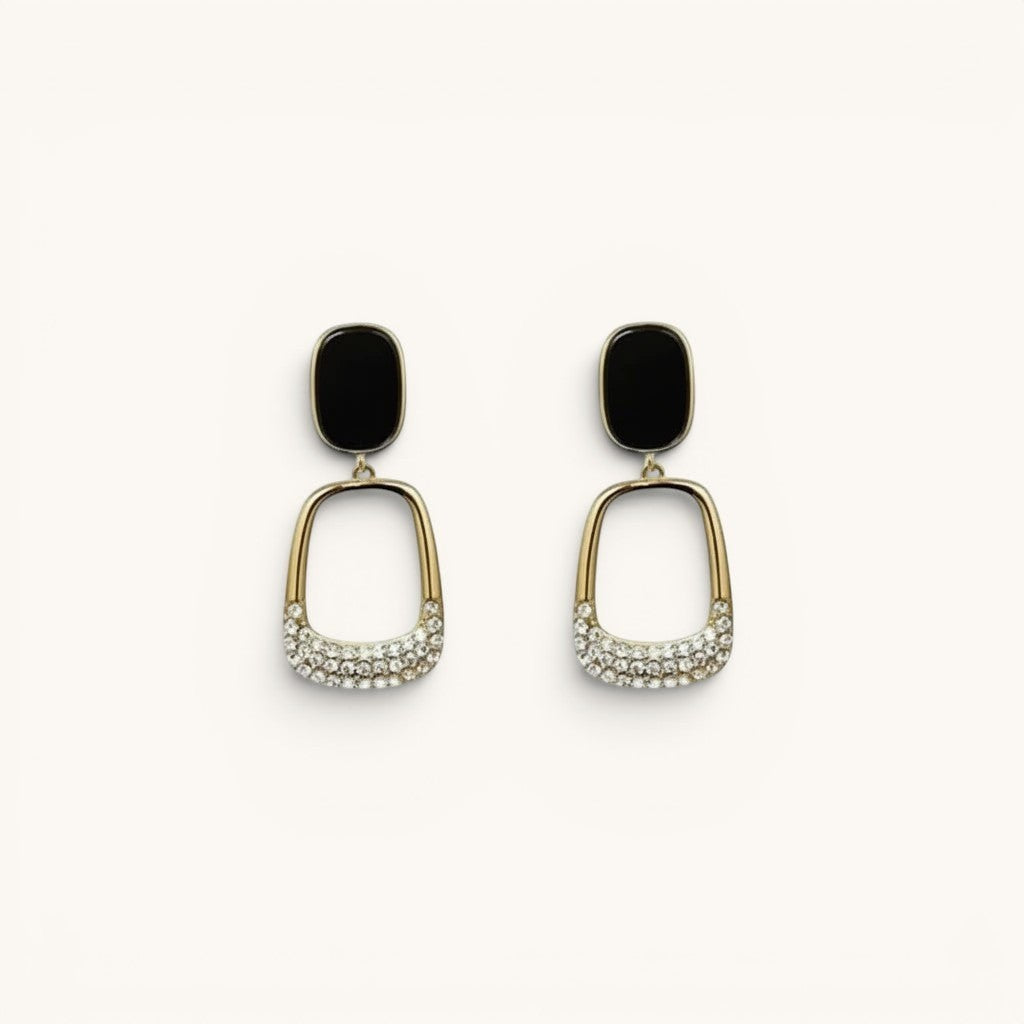 TITLIYA black and gold Korean drop earrings featuring a geometric design with sparkling crystals for elegant wear.