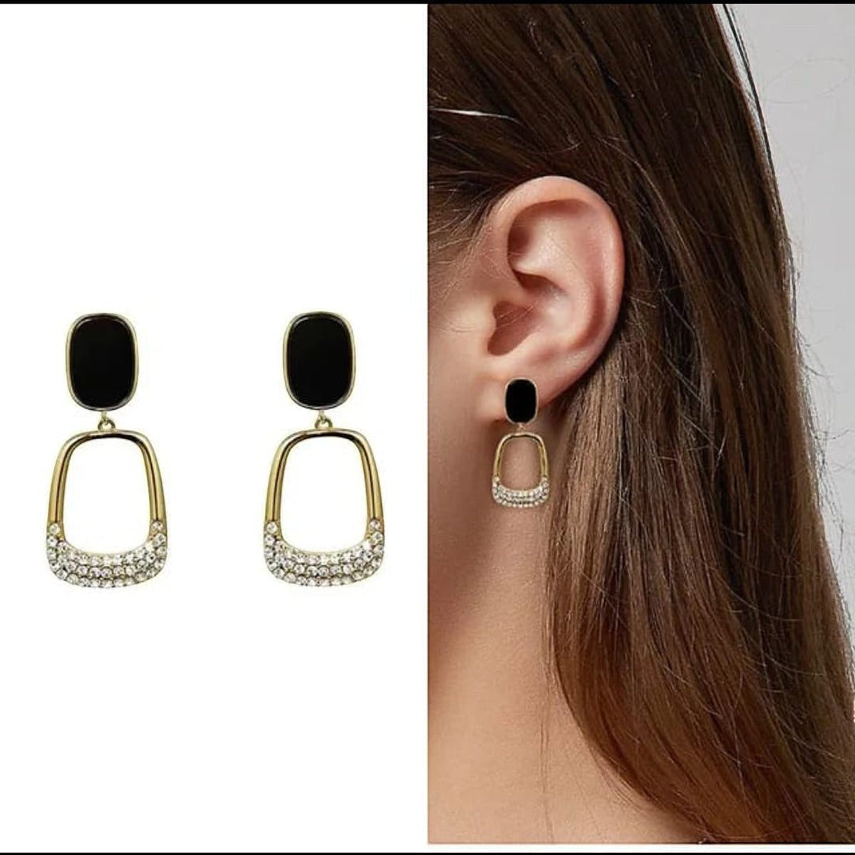 TITLIYA Korean-style black and gold drop earrings with crystal embellishments worn on a model's ear.