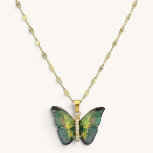 TITLIYA vibrant blue and green butterfly pendant necklace with a gold chain and crystal-accented center.