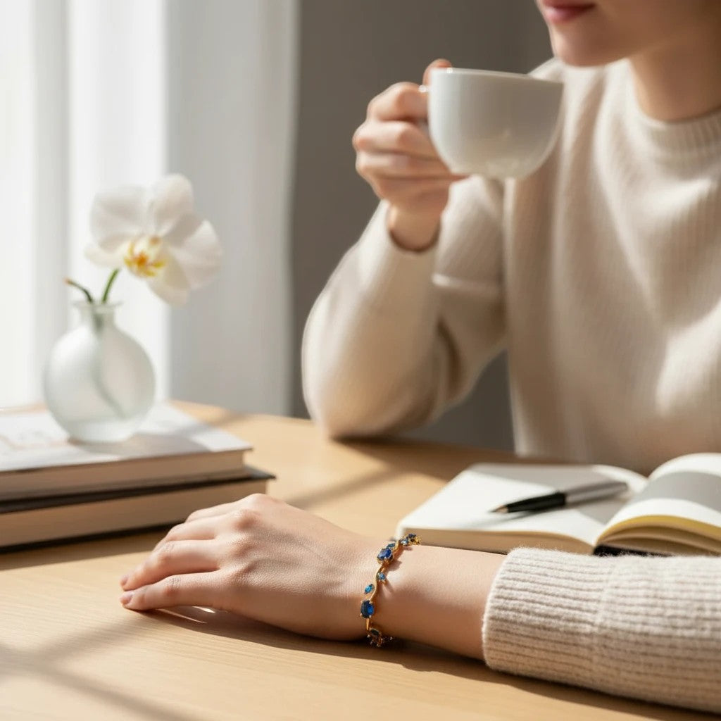 TITLIYA gold-tone vine bracelet with deep blue oval stones worn by a woman at a desk with a coffee cup and orchid.