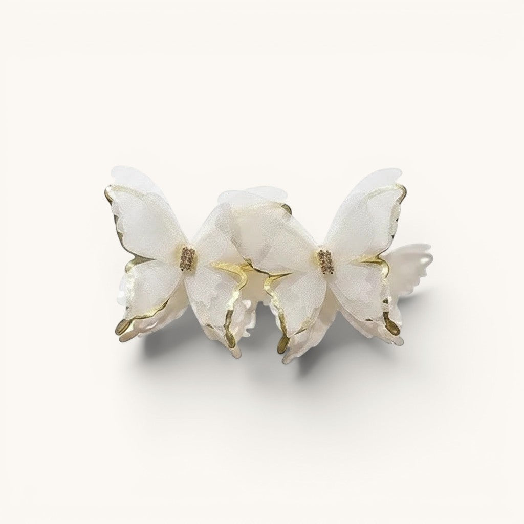 TITLIYA white fabric butterfly earrings with gold-tone trim and crystal accents for a romantic Korean style look.