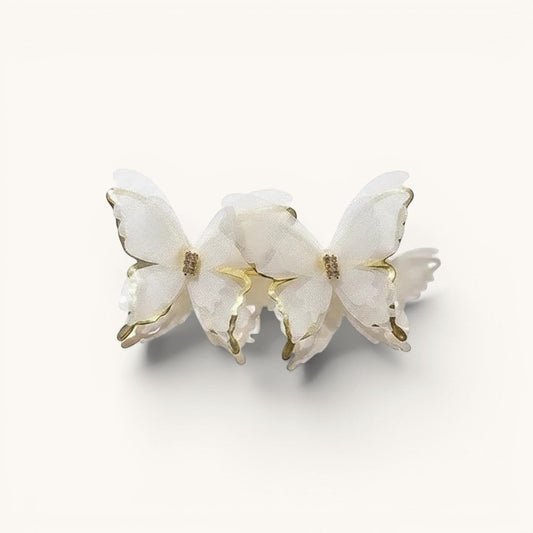 TITLIYA white fabric butterfly earrings with gold-tone trim and crystal accents for a romantic Korean style look.