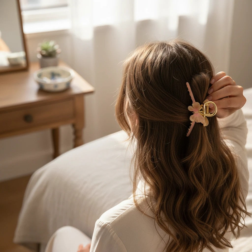TITLIYA butterfly hair claw in pink and cream enamel with gold finish worn by a woman in a bright bedroom setting.