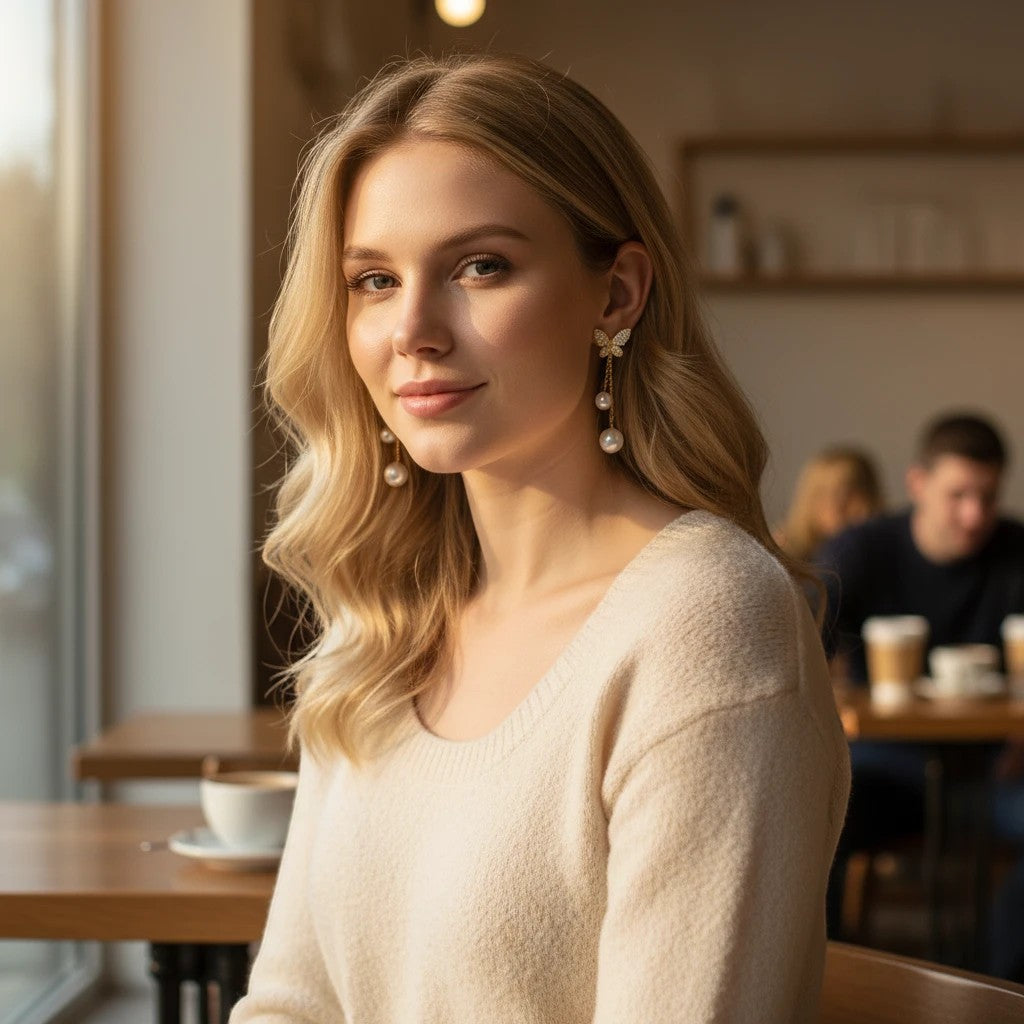 TITLIYA butterfly earrings with pearl drops worn by a blonde woman in a cozy cafe setting for a minimal elegant look.