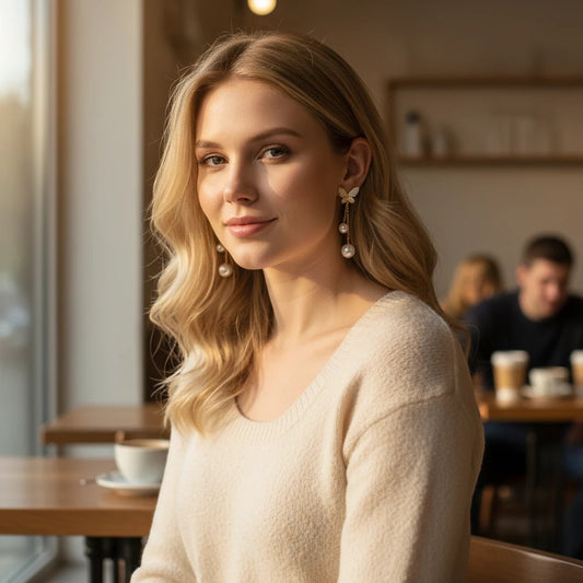 TITLIYA butterfly earrings with pearl drops worn by a blonde woman in a cozy cafe setting for a minimal elegant look.