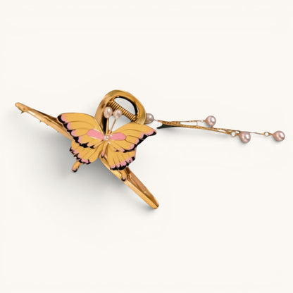 TITLIYA yellow and pink butterfly hair claw clip with gold-tone metal and delicate hanging pearl chains.