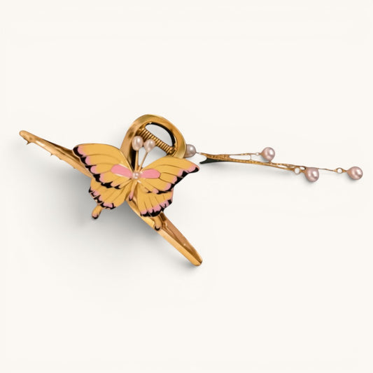 TITLIYA yellow and pink butterfly hair claw clip with gold-tone metal and delicate hanging pearl chains.