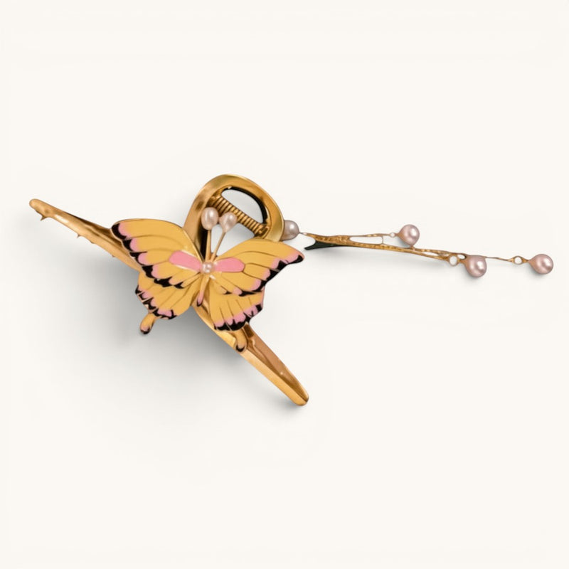 Yellow and Pink Butterfly Hair Clip with Pearl Chains